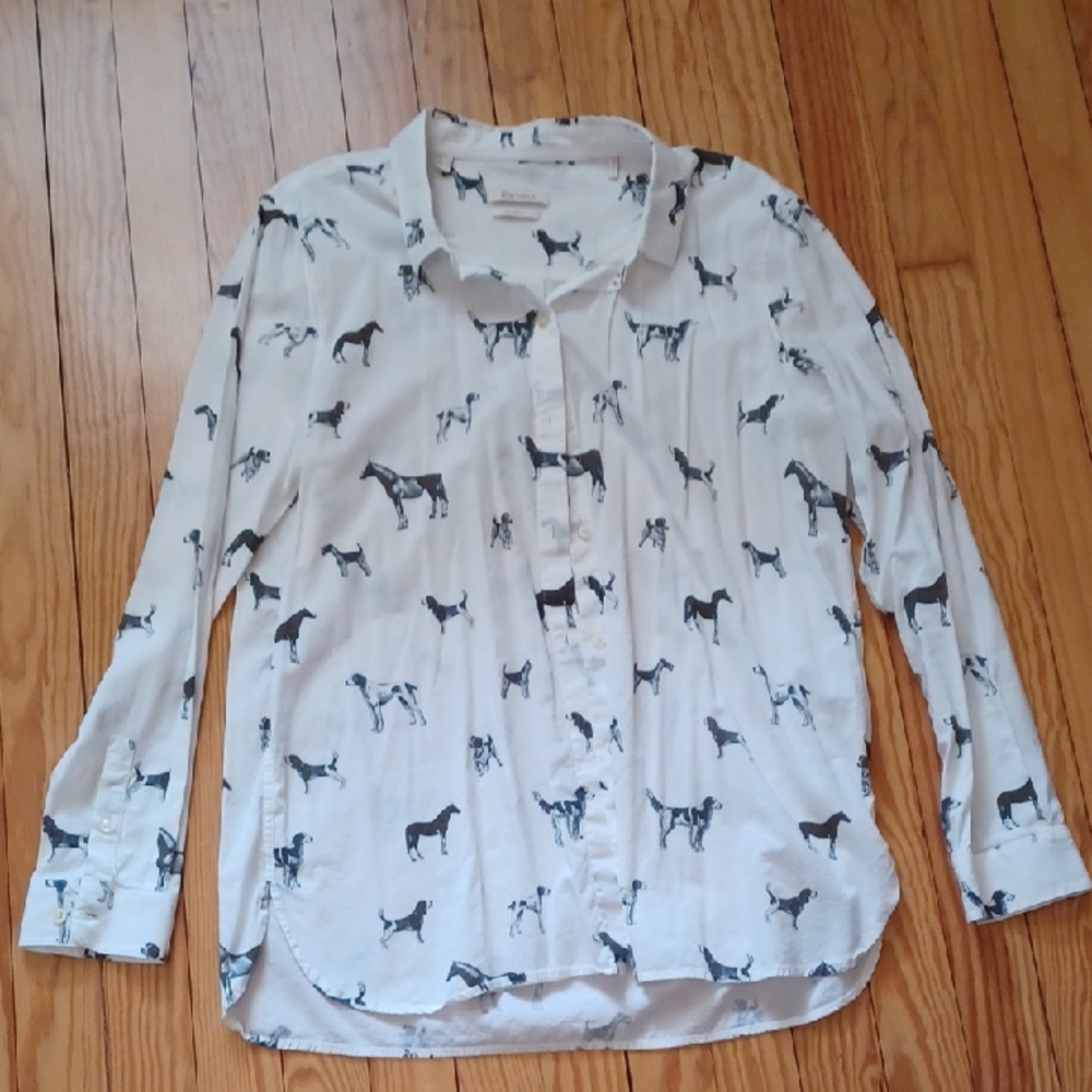 Barbour White Button-Up Shirt with Horse and Dog Print